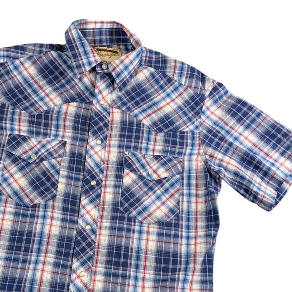 Wrangler Mens Western Fashion Snap Shirt Blue Red Plaid Short Sleeve WM182NV M